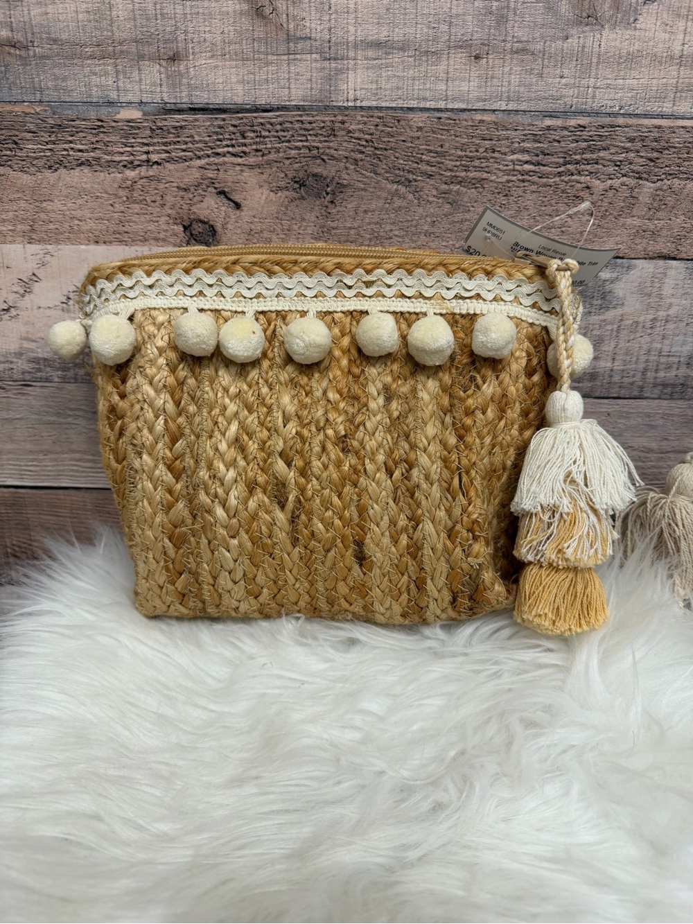Woven Straw Pom-Pom Clutch in Natural and Cream